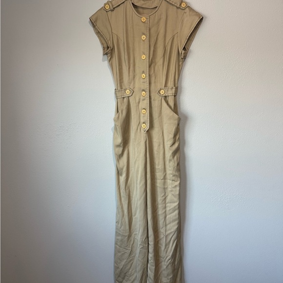 Pants - Vintage Khaki Safari Utility Jumpsuit Button Front Wide Leg Women’s XS/S